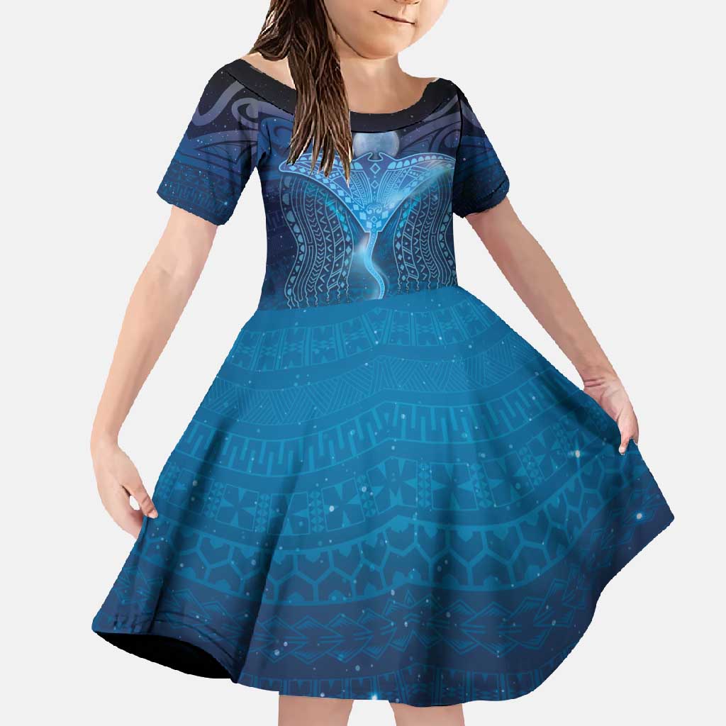 Polynesia Manta Ray Family Matching Short Sleeve Bodycon Dress and Hawaiian Shirt Let's The Sea Set You Free LT05 Daughter's Dress Blue - Polynesian Pride