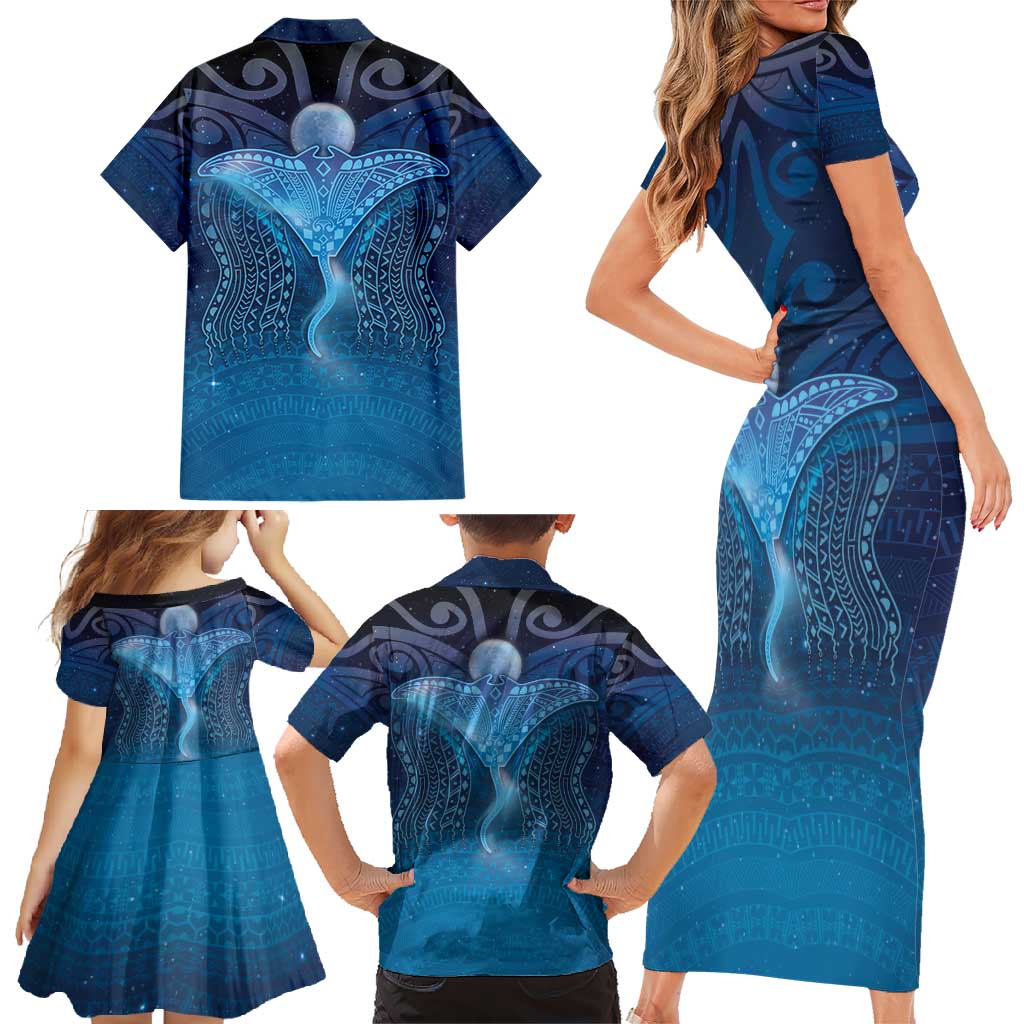 Polynesia Manta Ray Family Matching Short Sleeve Bodycon Dress and Hawaiian Shirt Let's The Sea Set You Free LT05 - Polynesian Pride