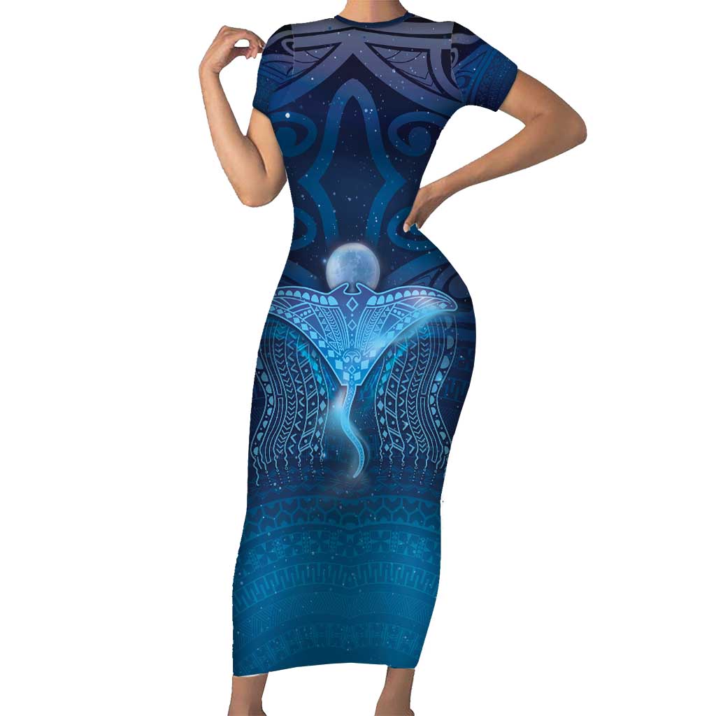 Polynesia Manta Ray Family Matching Short Sleeve Bodycon Dress and Hawaiian Shirt Let's The Sea Set You Free LT05 Mom's Dress Blue - Polynesian Pride