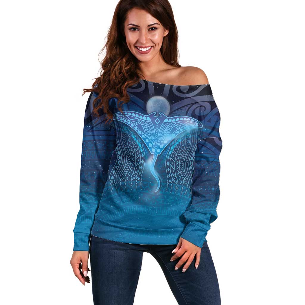 Polynesia Manta Ray Off Shoulder Sweater Let's The Sea Set You Free LT05 Women Blue - Polynesian Pride