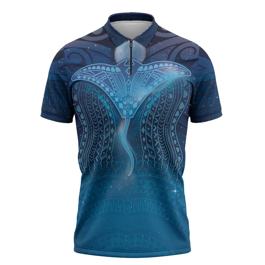 Polynesia Manta Ray Zipper Polo Shirt Let's The Sea Set You Free - Polynesian Pride