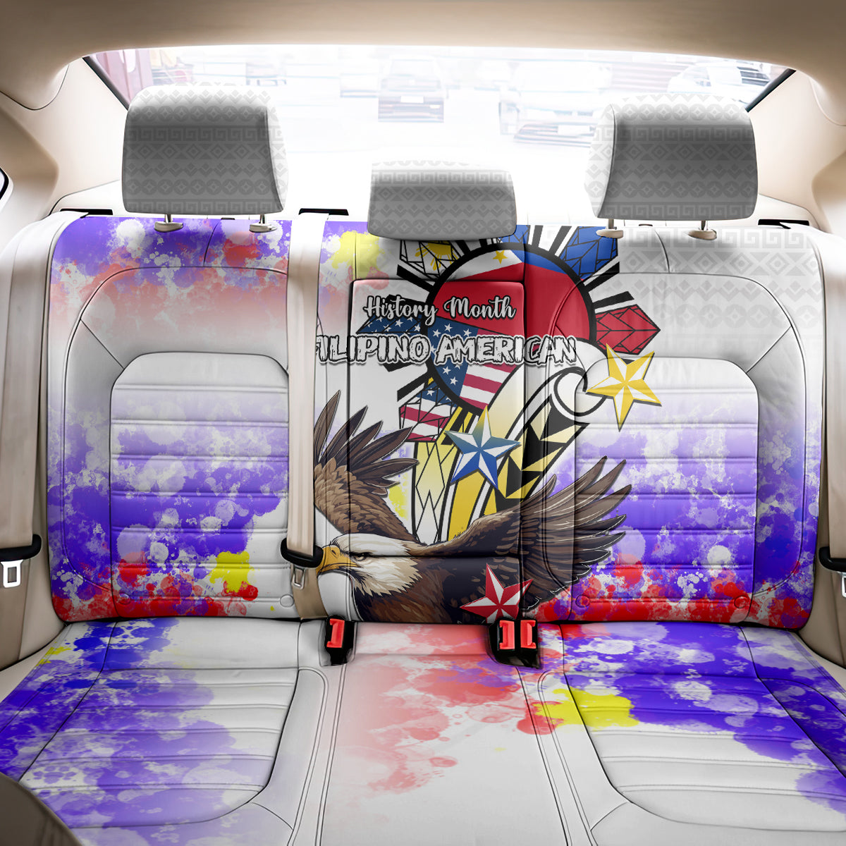 Filipino American History Month Back Car Seat Cover The Eight-Rayed Sun Flags With Bald Eagle LT05 - Polynesian Pride