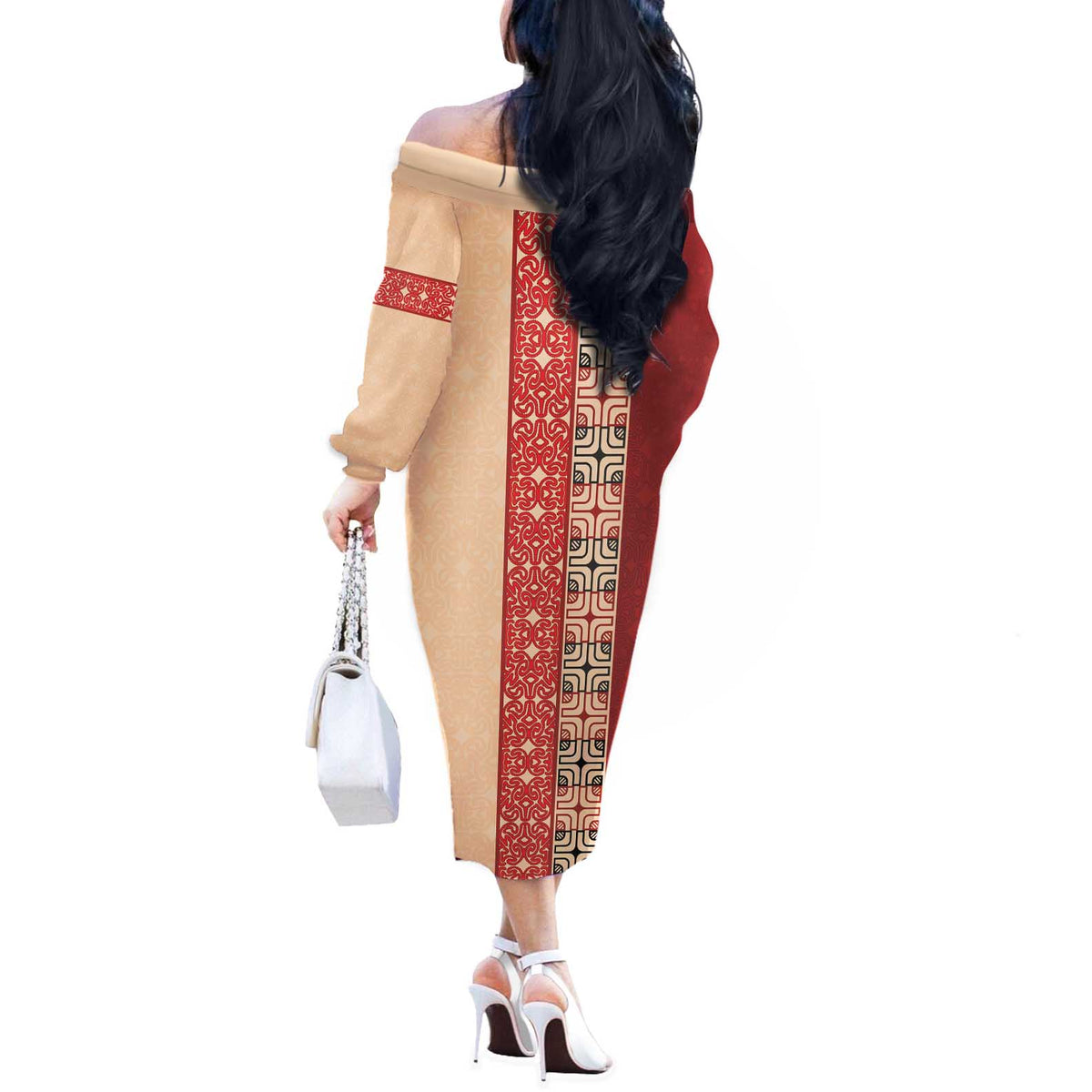 Papua New Guinea Off The Shoulder Long Sleeve Dress Oro Tapa Pattern