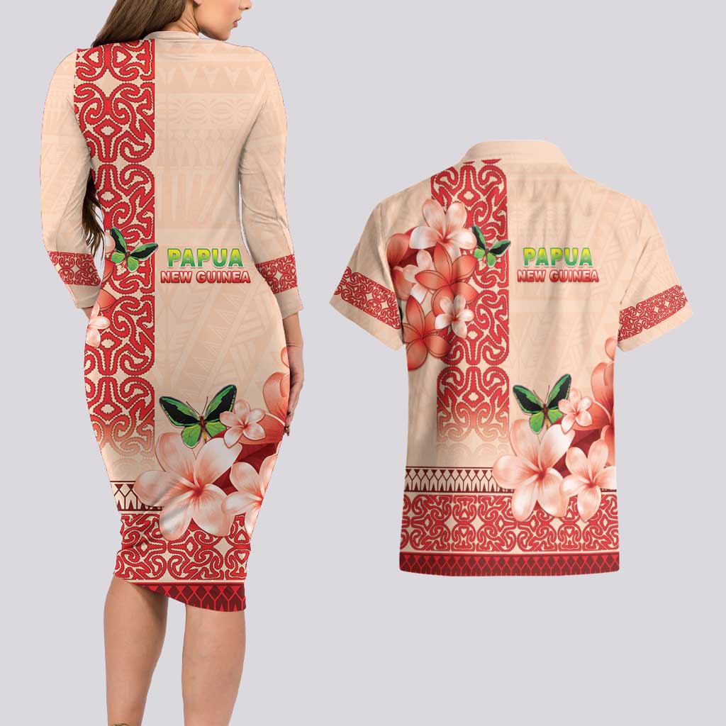 Papua New Guinea Oro Province Couples Matching Long Sleeve Bodycon Dress and Hawaiian Shirt Oro Birdwing Butterfly LT05 - Polynesian Pride