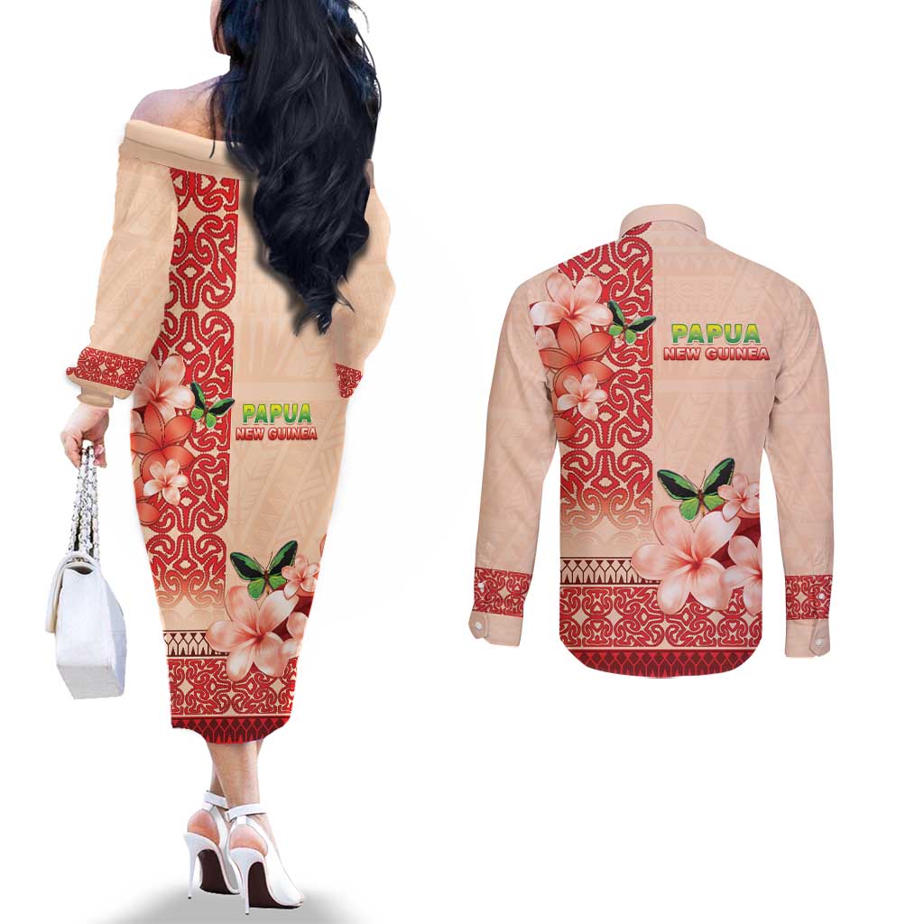 Papua New Guinea Oro Province Couples Matching Off The Shoulder Long Sleeve Dress and Long Sleeve Button Shirt Oro Birdwing Butterfly