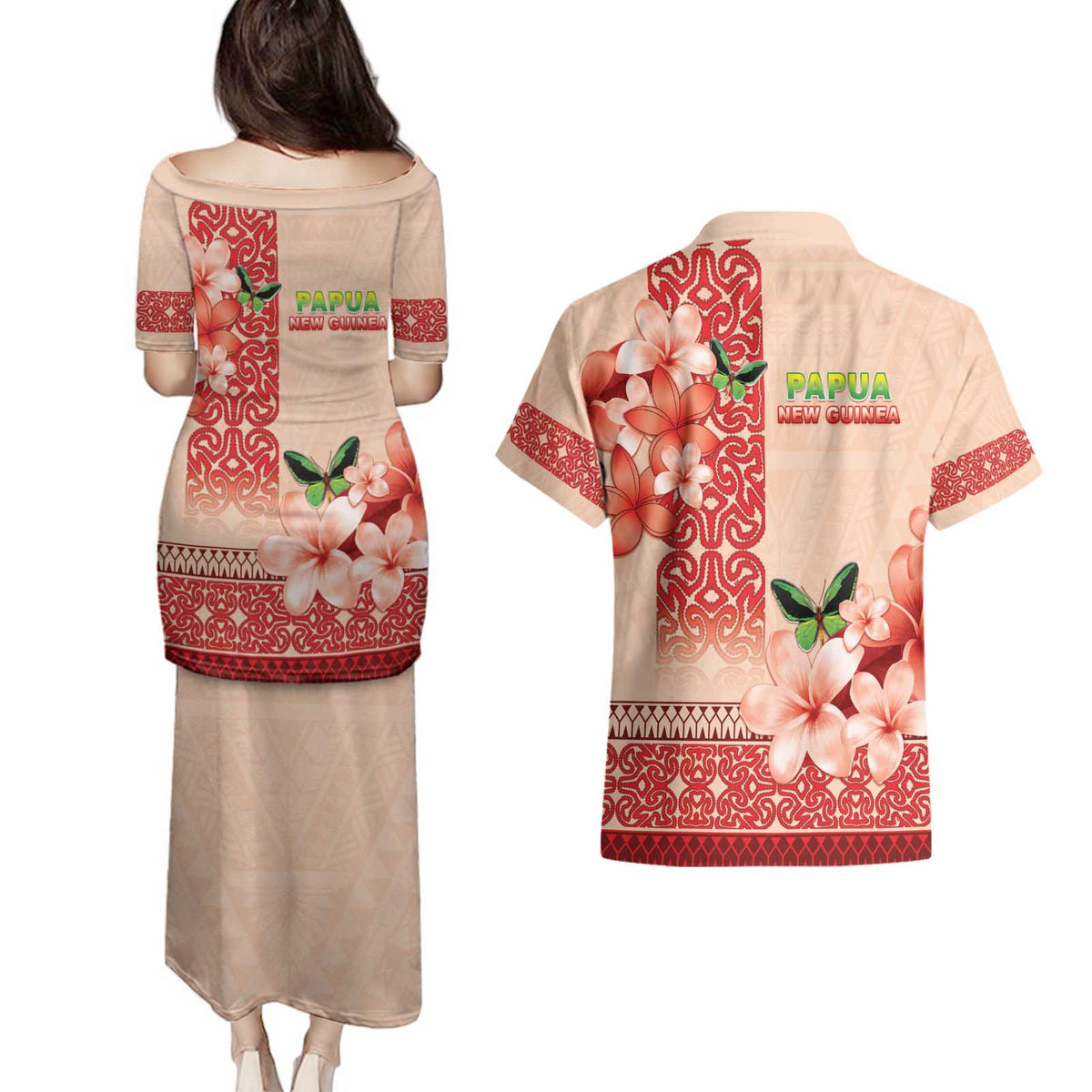 Papua New Guinea Oro Province Couples Matching Puletasi and Hawaiian Shirt Oro Birdwing Butterfly