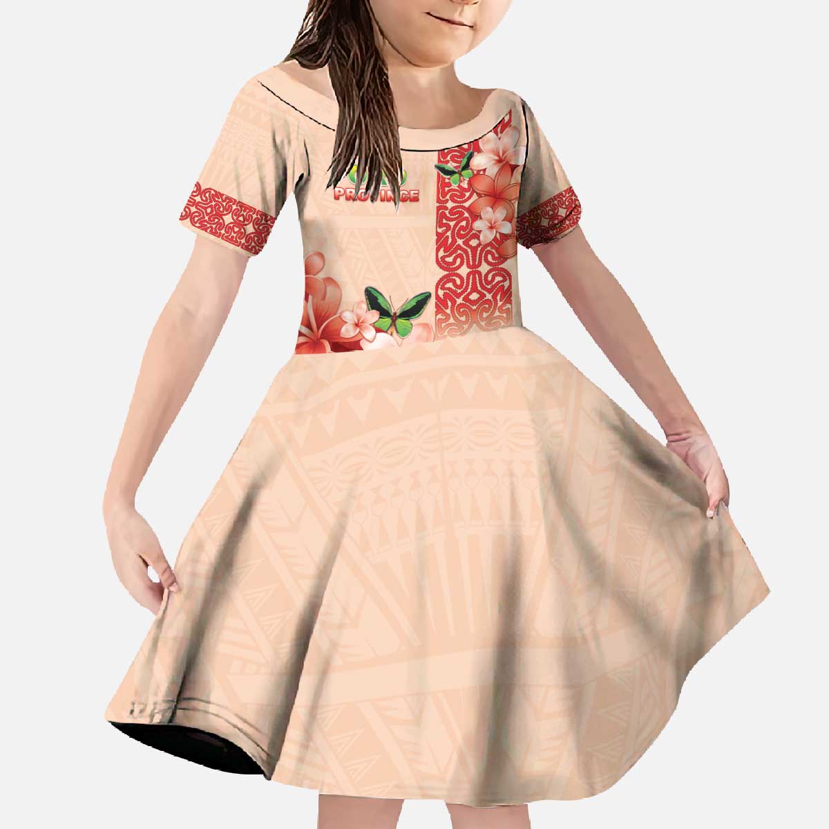 Papua New Guinea Oro Province Family Matching Off The Shoulder Long Sleeve Dress and Hawaiian Shirt Oro Birdwing Butterfly LT05 Daughter's Dress Beige - Polynesian Pride
