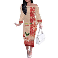Papua New Guinea Oro Province Family Matching Off The Shoulder Long Sleeve Dress and Hawaiian Shirt Oro Birdwing Butterfly LT05 Mom's Dress Beige - Polynesian Pride