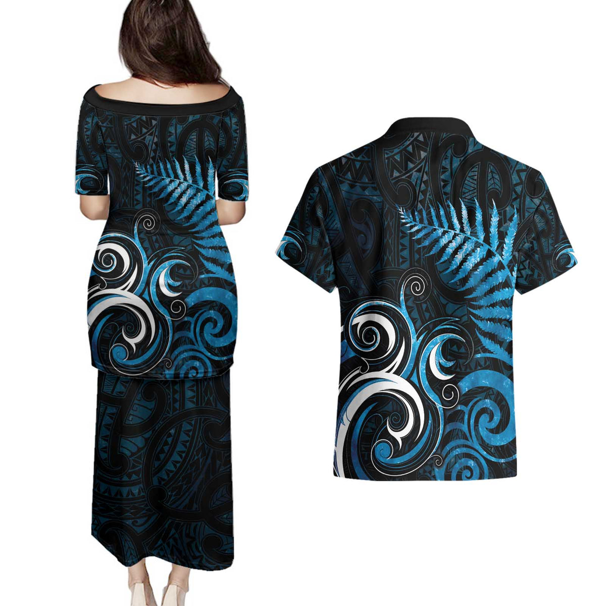 New Zealand Sea Week Couples Matching Puletasi and Hawaiian Shirt Maori Wave Pattern Ocean Blue