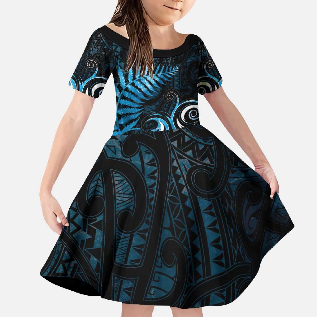 New Zealand Sea Week Family Matching Long Sleeve Bodycon Dress and Hawaiian Shirt Maori Wave Pattern Ocean Blue LT05 Daughter's Dress Blue - Polynesian Pride