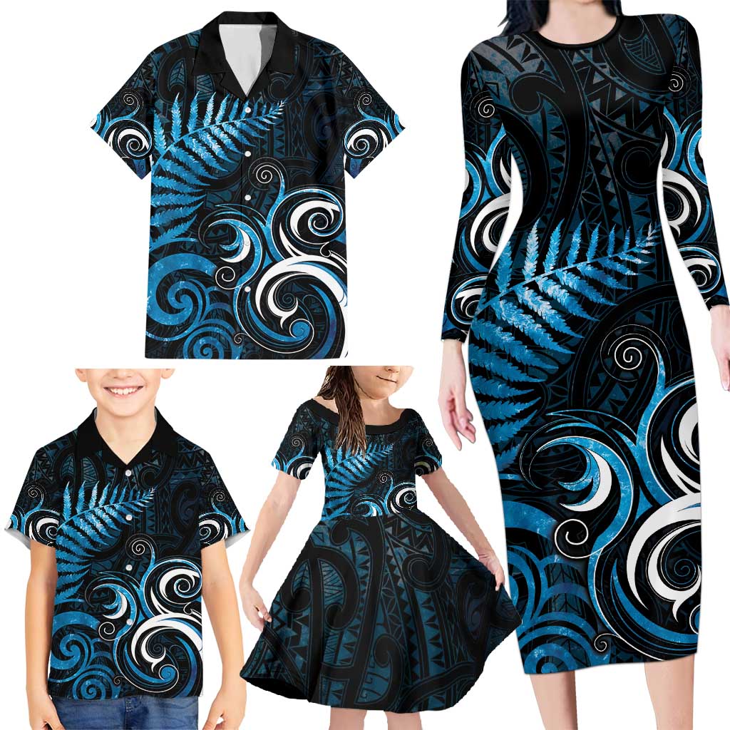 New Zealand Sea Week Family Matching Long Sleeve Bodycon Dress and Hawaiian Shirt Maori Wave Pattern Ocean Blue LT05 - Polynesian Pride