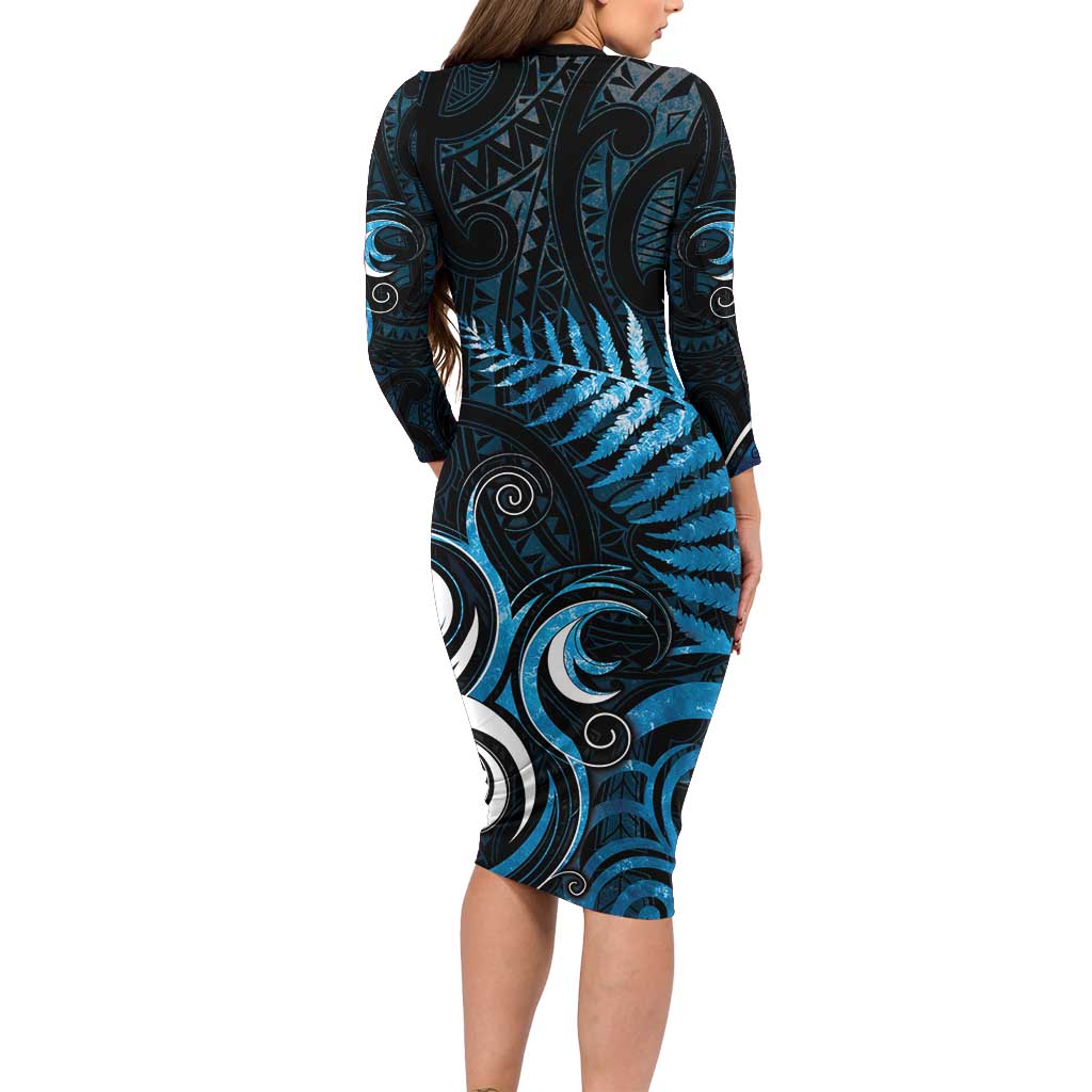New Zealand Sea Week Family Matching Long Sleeve Bodycon Dress and Hawaiian Shirt Maori Wave Pattern Ocean Blue LT05 - Polynesian Pride