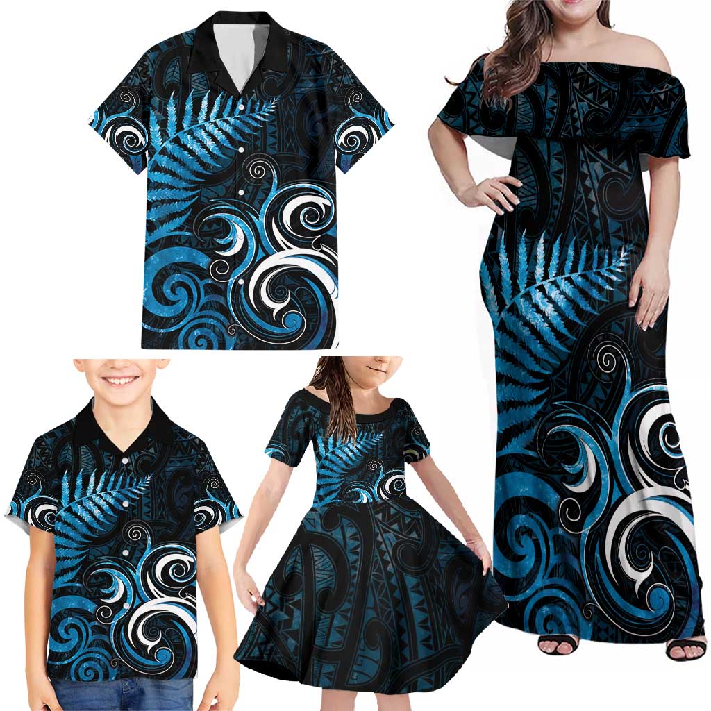 New Zealand Sea Week Family Matching Off Shoulder Maxi Dress and Hawaiian Shirt Maori Wave Pattern Ocean Blue LT05 - Polynesian Pride