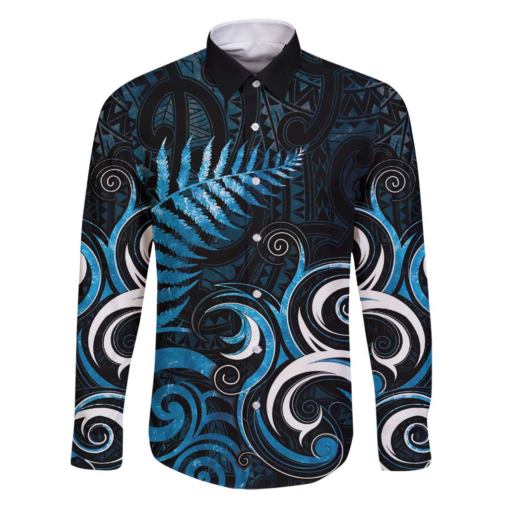 New Zealand Sea Week Family Matching Off Shoulder Maxi Dress and Hawaiian Shirt Maori Wave Pattern Ocean Blue LT05 Dad's Shirt - Long Sleeve Blue - Polynesian Pride
