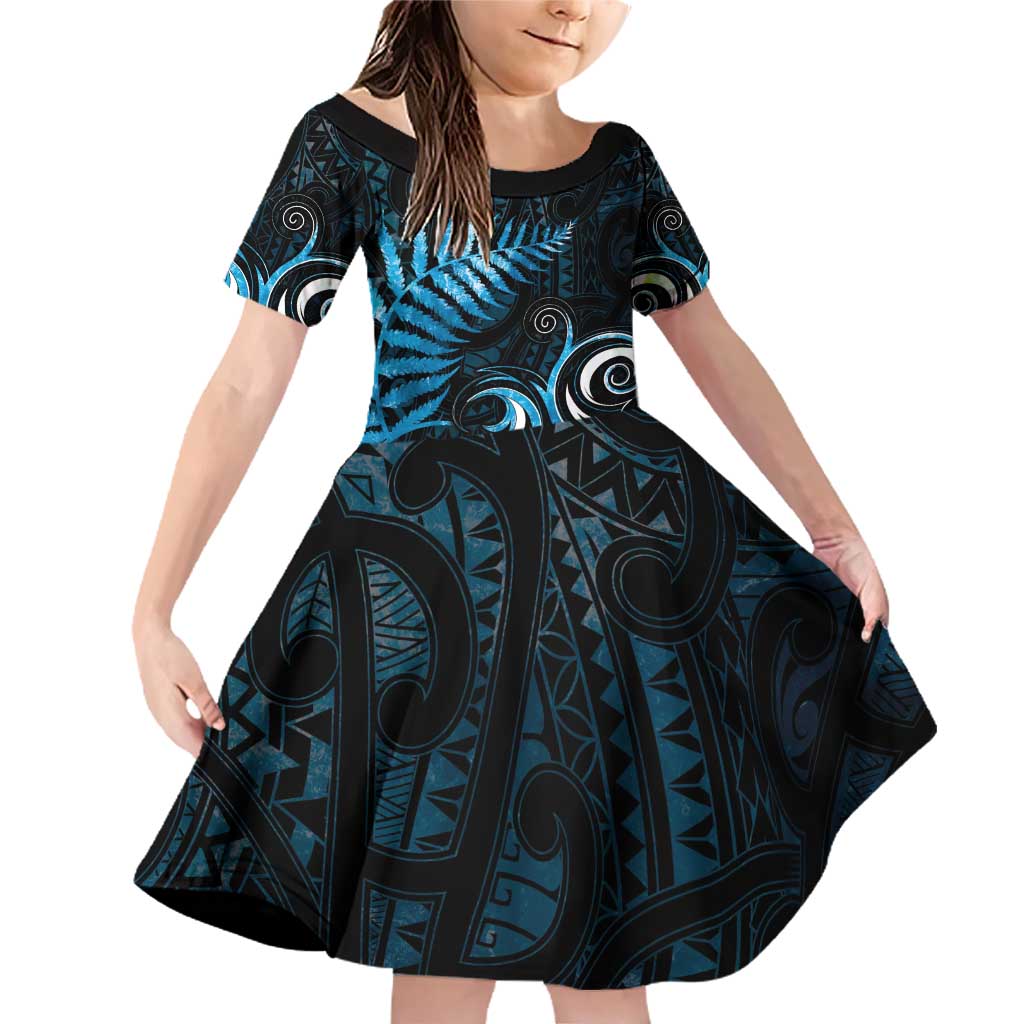 New Zealand Sea Week Family Matching Off Shoulder Short Dress and Hawaiian Shirt Maori Wave Pattern Ocean Blue LT05 Daughter's Dress Blue - Polynesian Pride