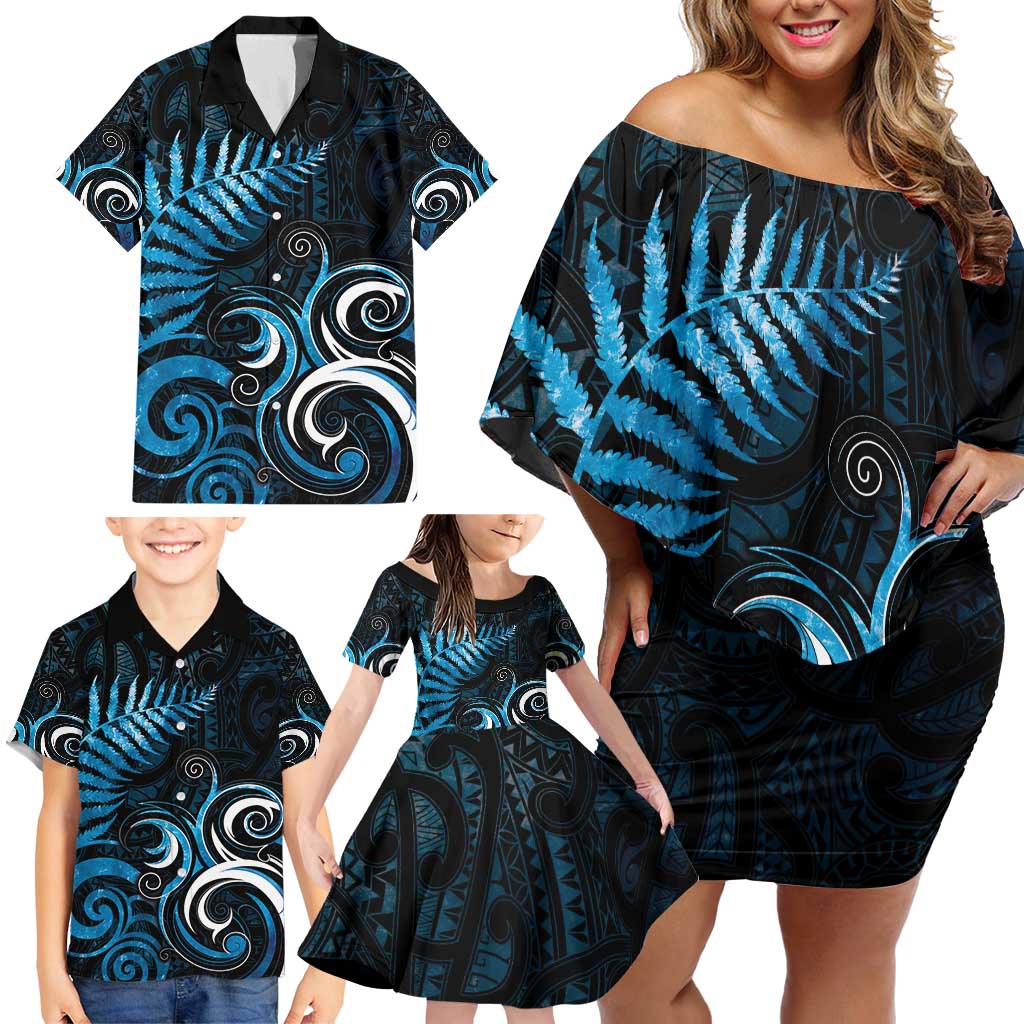 New Zealand Sea Week Family Matching Off Shoulder Short Dress and Hawaiian Shirt Maori Wave Pattern Ocean Blue LT05 - Polynesian Pride