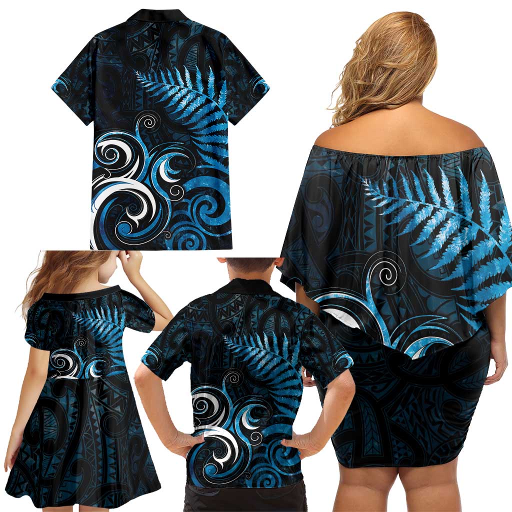 New Zealand Sea Week Family Matching Off Shoulder Short Dress and Hawaiian Shirt Maori Wave Pattern Ocean Blue LT05 - Polynesian Pride