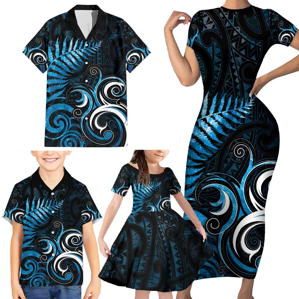 New Zealand Sea Week Family Matching Short Sleeve Bodycon Dress and Hawaiian Shirt Maori Wave Pattern Ocean Blue LT05 - Polynesian Pride