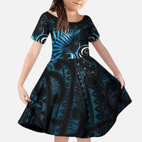 New Zealand Sea Week Family Matching Summer Maxi Dress and Hawaiian Shirt Maori Wave Pattern Ocean Blue LT05 Daughter's Dress Blue - Polynesian Pride