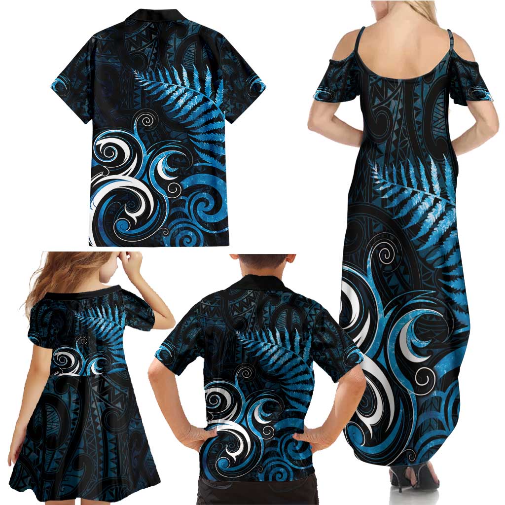 New Zealand Sea Week Family Matching Summer Maxi Dress and Hawaiian Shirt Maori Wave Pattern Ocean Blue LT05 - Polynesian Pride