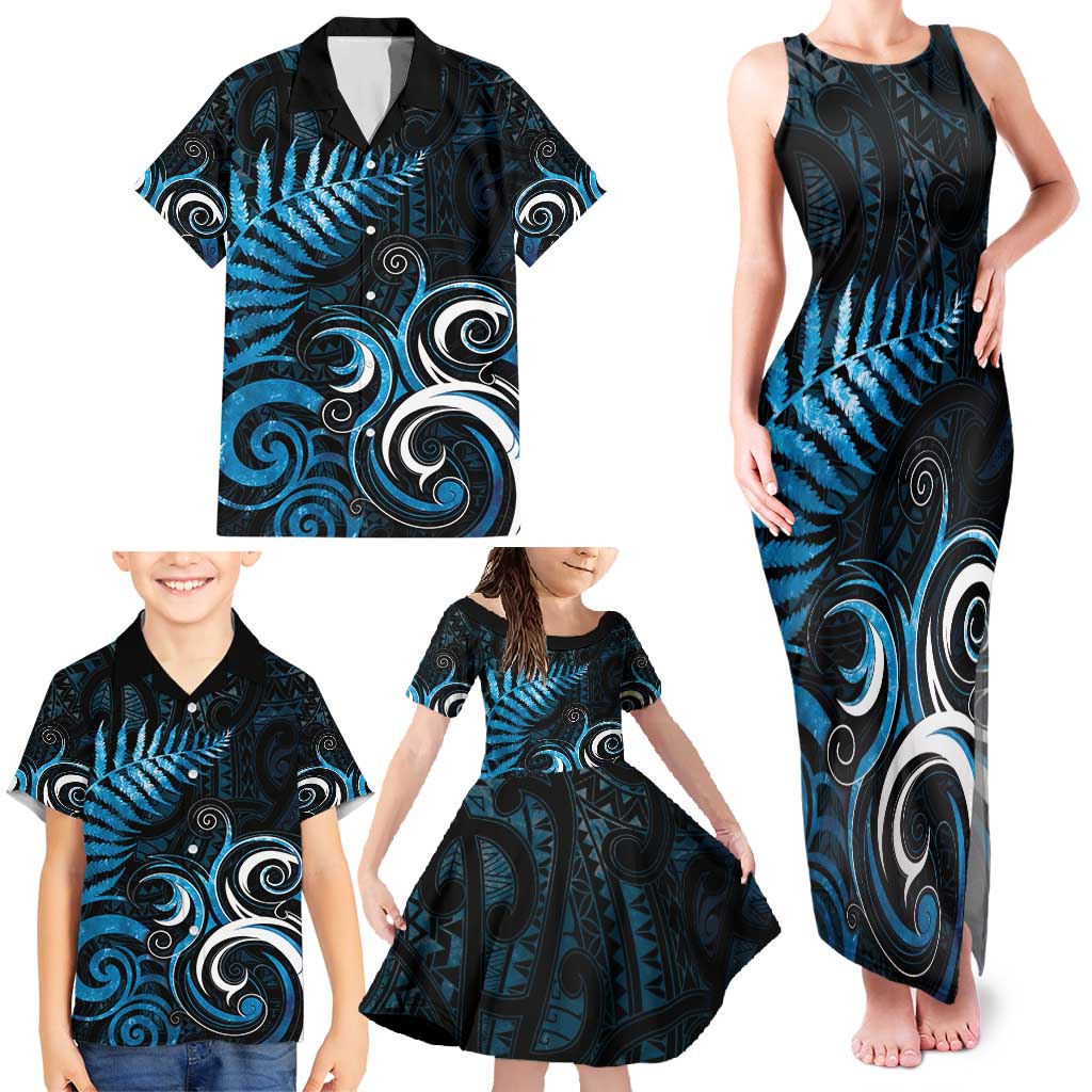 New Zealand Sea Week Family Matching Tank Maxi Dress and Hawaiian Shirt Maori Wave Pattern Ocean Blue LT05 - Polynesian Pride