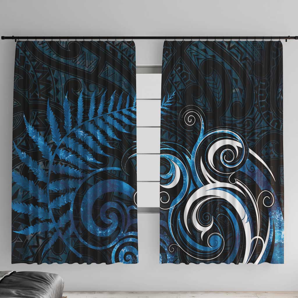 New Zealand Sea Week Window Curtain Maori Wave Pattern Ocean Blue LT05 With Hooks Blue - Polynesian Pride