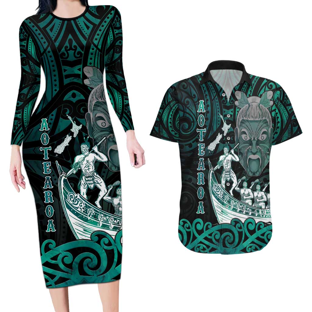 Personalised New Zealand Waka Racing Couples Matching Long Sleeve Bodycon Dress and Hawaiian Shirt Maori Warriors LT05 Green - Polynesian Pride