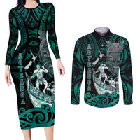 Personalised New Zealand Waka Racing Couples Matching Long Sleeve Bodycon Dress and Long Sleeve Button Shirt Maori Warriors LT05 Green - Polynesian Pride