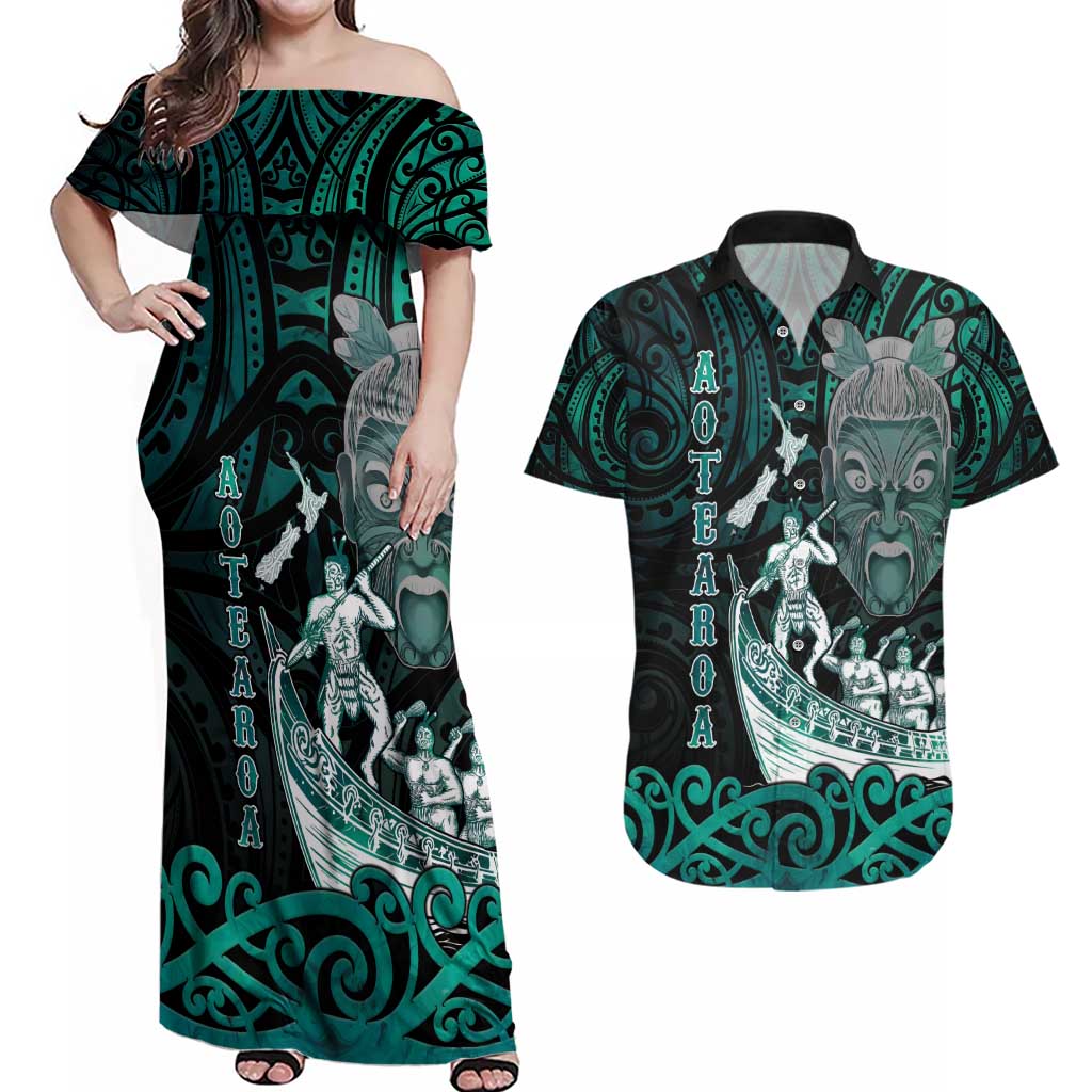 Personalised New Zealand Waka Racing Couples Matching Off Shoulder Maxi Dress and Hawaiian Shirt Maori Warriors LT05 Green - Polynesian Pride