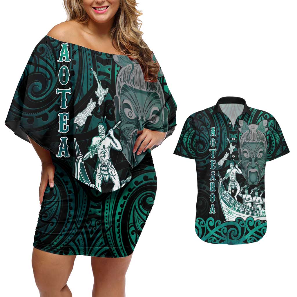 Personalised New Zealand Waka Racing Couples Matching Off Shoulder Short Dress and Hawaiian Shirt Maori Warriors LT05 Green - Polynesian Pride