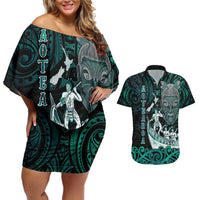 Personalised New Zealand Waka Racing Couples Matching Off Shoulder Short Dress and Hawaiian Shirt Maori Warriors LT05 Green - Polynesian Pride