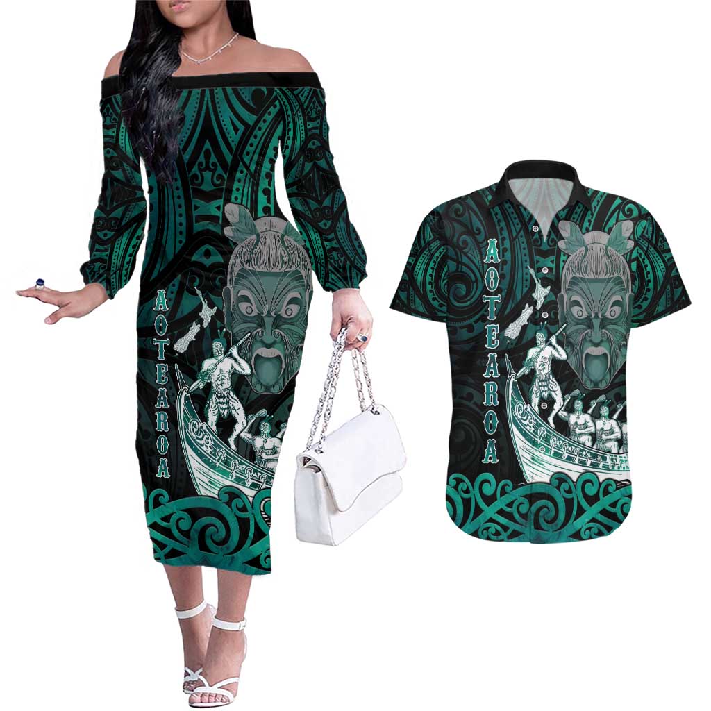 Personalised New Zealand Waka Racing Couples Matching Off The Shoulder Long Sleeve Dress and Hawaiian Shirt Maori Warriors LT05 Green - Polynesian Pride