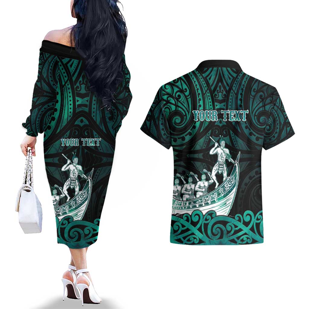 Personalised New Zealand Waka Racing Couples Matching Off The Shoulder Long Sleeve Dress and Hawaiian Shirt Maori Warriors LT05 - Polynesian Pride