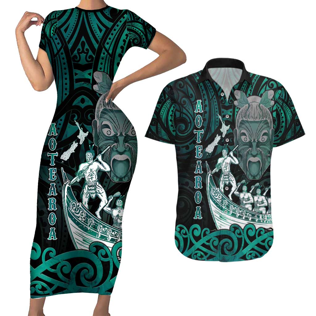 Personalised New Zealand Waka Racing Couples Matching Short Sleeve Bodycon Dress and Hawaiian Shirt Maori Warriors LT05 Green - Polynesian Pride