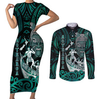 Personalised New Zealand Waka Racing Couples Matching Short Sleeve Bodycon Dress and Long Sleeve Button Shirt Maori Warriors LT05 Green - Polynesian Pride