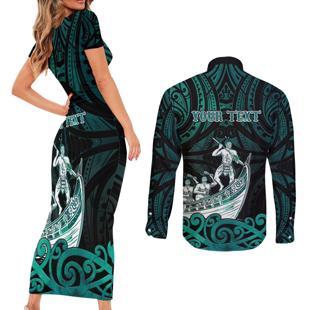 Personalised New Zealand Waka Racing Couples Matching Short Sleeve Bodycon Dress and Long Sleeve Button Shirt Maori Warriors LT05 - Polynesian Pride