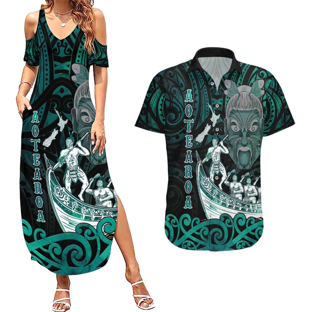 Personalised New Zealand Waka Racing Couples Matching Summer Maxi Dress and Hawaiian Shirt Maori Warriors LT05 Green - Polynesian Pride