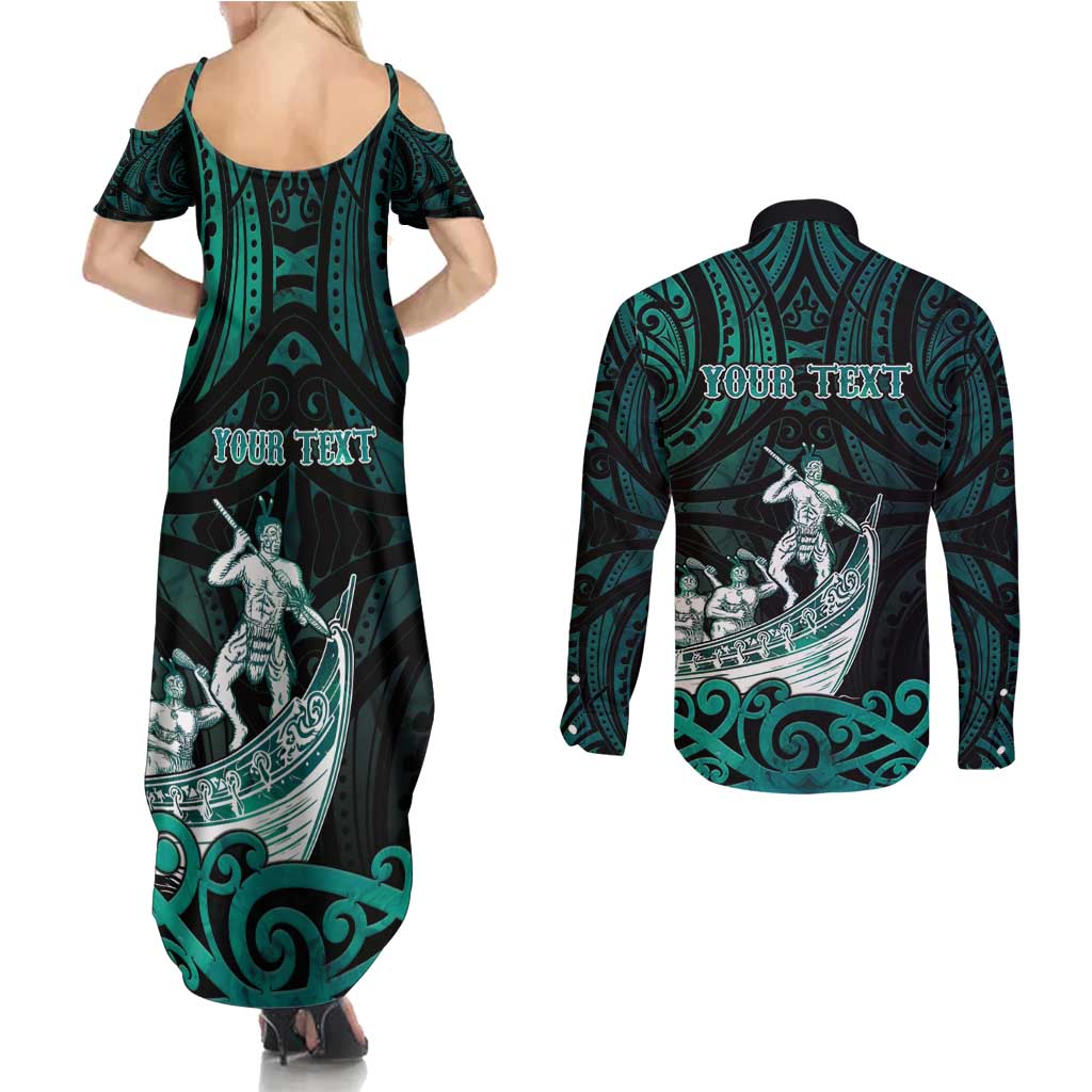 Personalised New Zealand Waka Racing Couples Matching Summer Maxi Dress and Long Sleeve Button Shirt Maori Warriors LT05 - Polynesian Pride