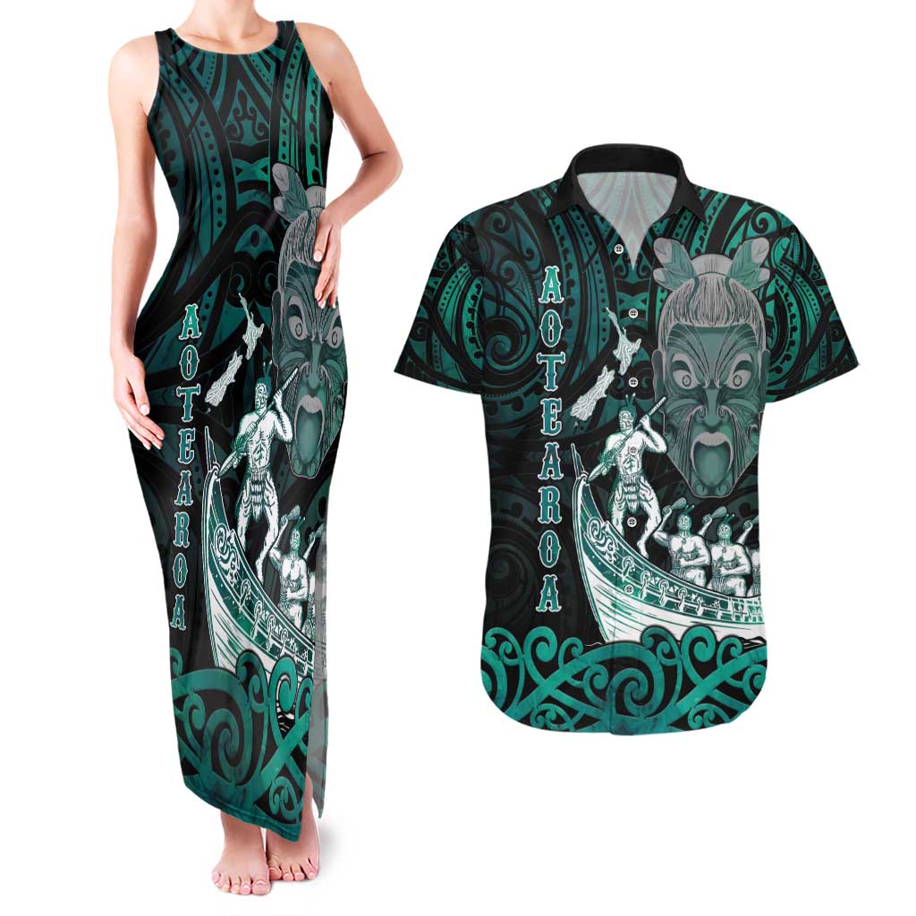 Personalised New Zealand Waka Racing Couples Matching Tank Maxi Dress and Hawaiian Shirt Maori Warriors LT05 Green - Polynesian Pride