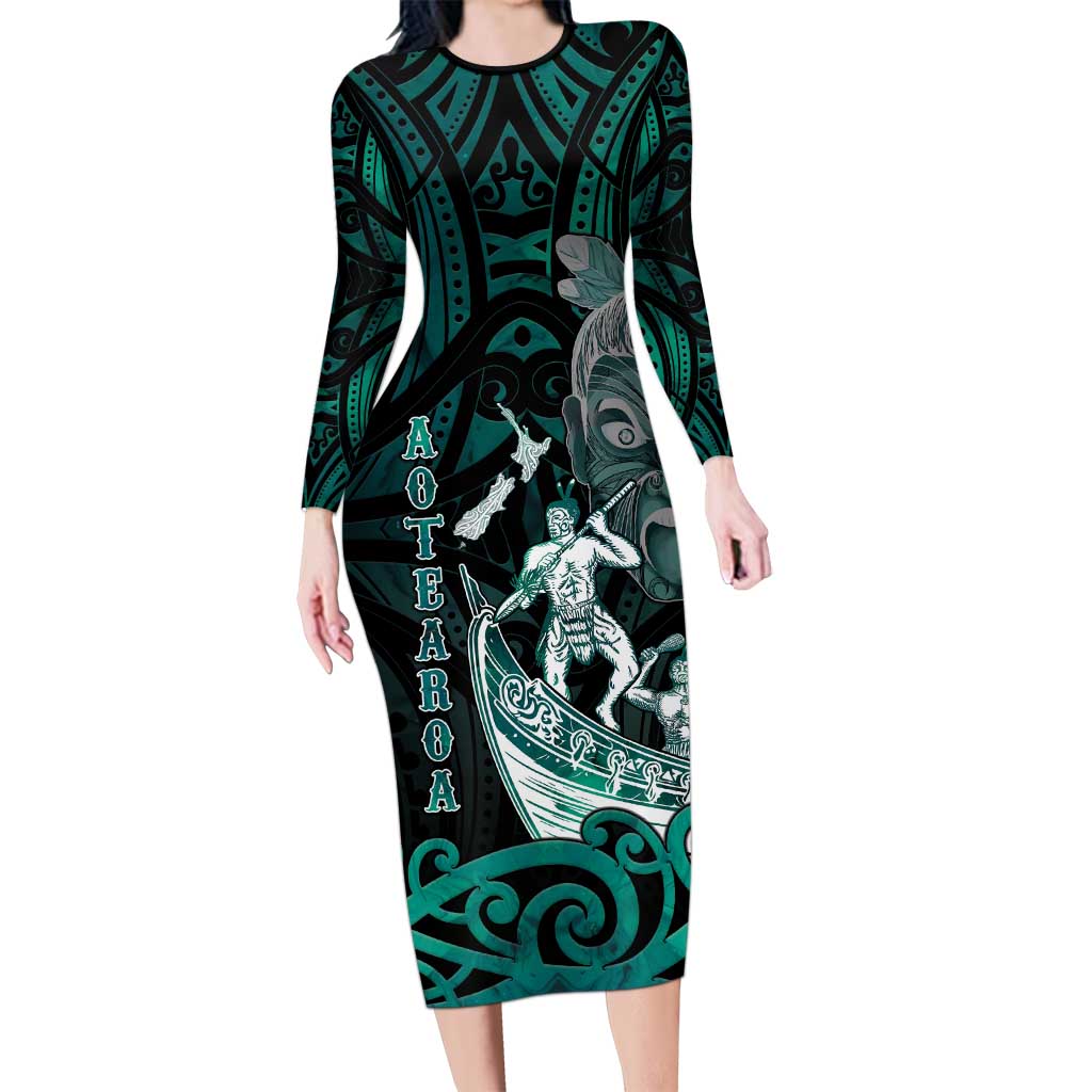 Personalised New Zealand Waka Racing Family Matching Long Sleeve Bodycon Dress and Hawaiian Shirt Maori Warriors LT05 Mom's Dress Green - Polynesian Pride