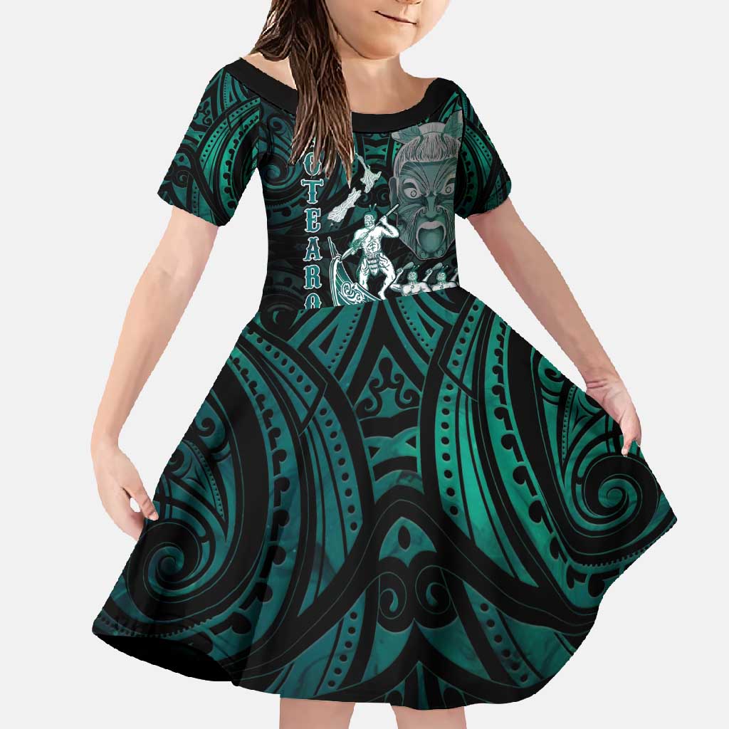 Personalised New Zealand Waka Racing Family Matching Mermaid Dress and Hawaiian Shirt Maori Warriors LT05 Daughter's Dress Green - Polynesian Pride