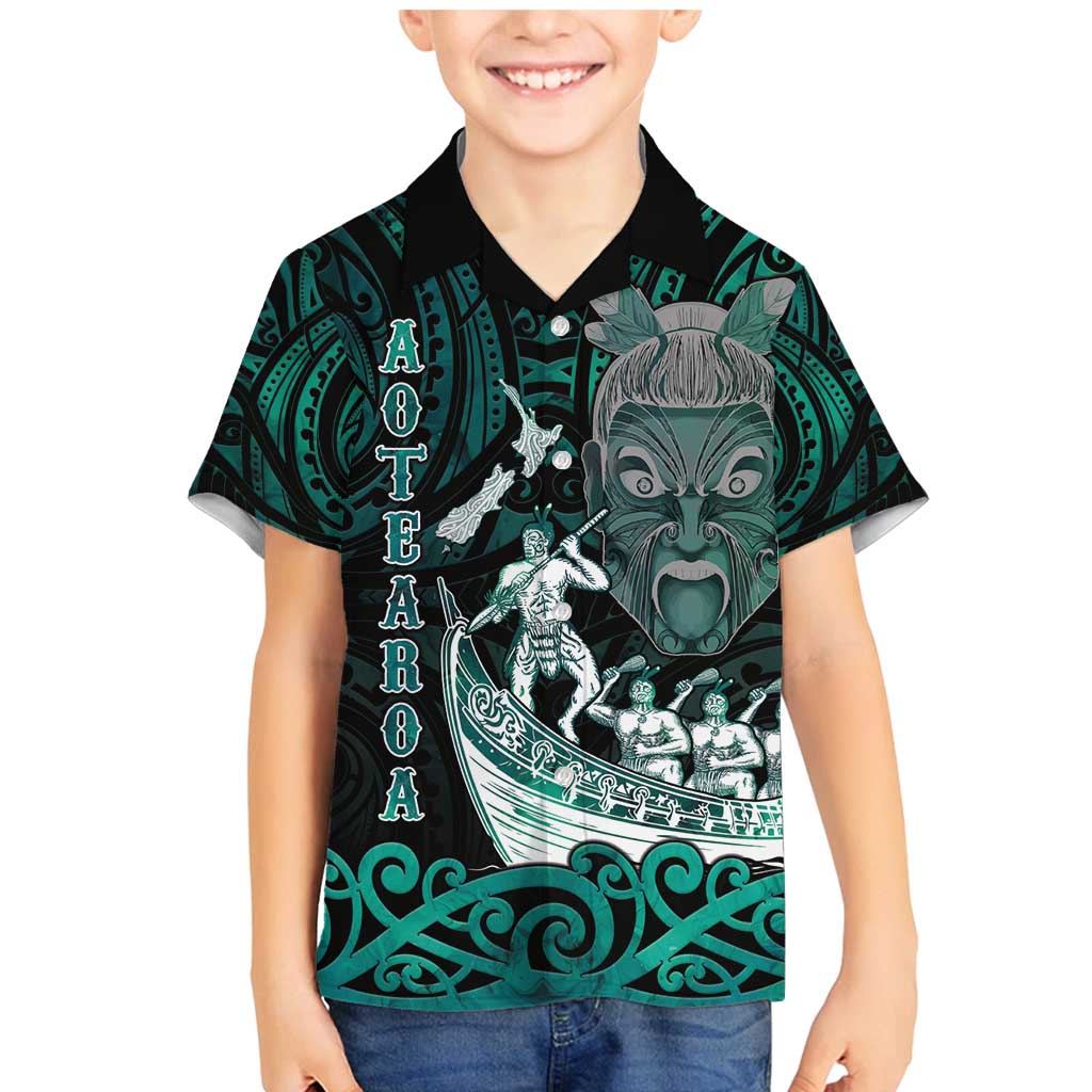 Personalised New Zealand Waka Racing Family Matching Mermaid Dress and Hawaiian Shirt Maori Warriors LT05 Son's Shirt Green - Polynesian Pride