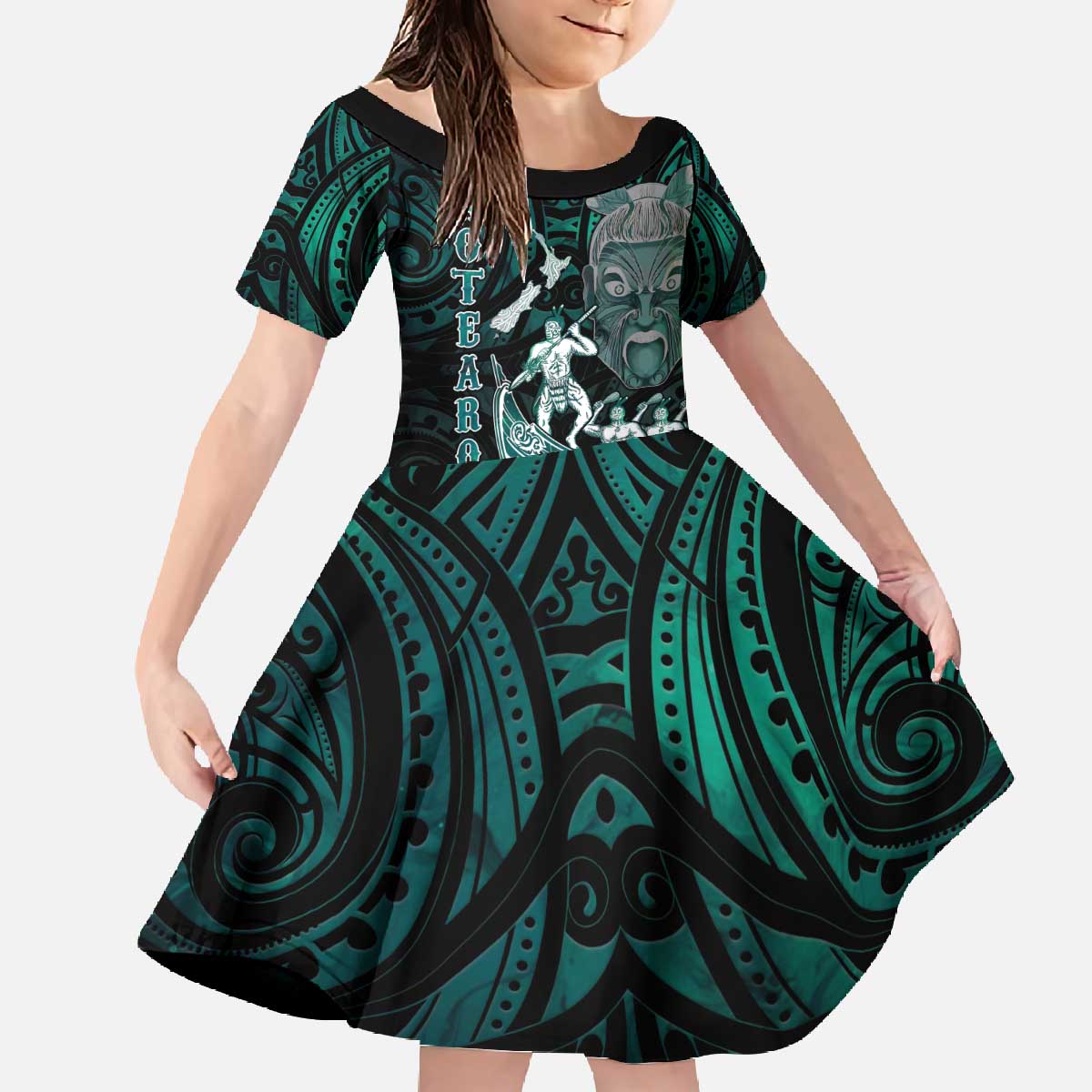 Personalised New Zealand Waka Racing Family Matching Off The Shoulder Long Sleeve Dress and Hawaiian Shirt Maori Warriors LT05 Daughter's Dress Green - Polynesian Pride