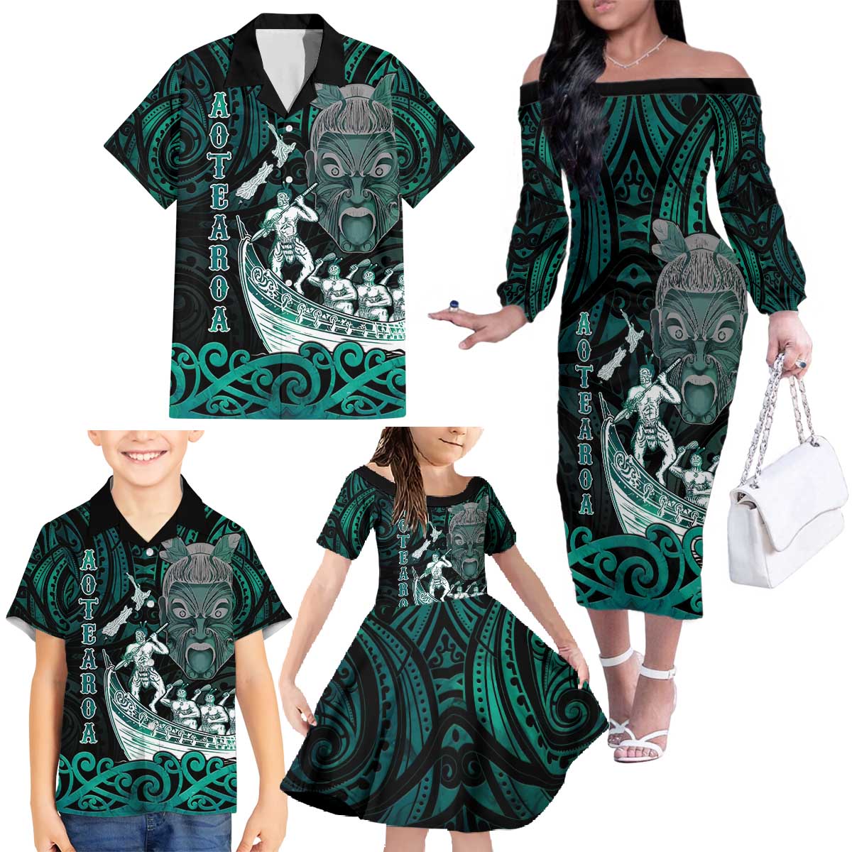 Personalised New Zealand Waka Racing Family Matching Off The Shoulder Long Sleeve Dress and Hawaiian Shirt Maori Warriors LT05 - Polynesian Pride