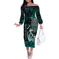 Personalised New Zealand Waka Racing Family Matching Off The Shoulder Long Sleeve Dress and Hawaiian Shirt Maori Warriors LT05 Mom's Dress Green - Polynesian Pride
