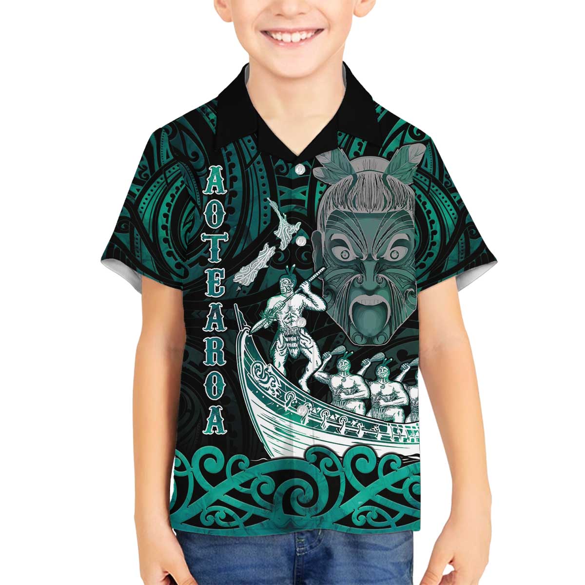 Personalised New Zealand Waka Racing Family Matching Off The Shoulder Long Sleeve Dress and Hawaiian Shirt Maori Warriors LT05 Son's Shirt Green - Polynesian Pride