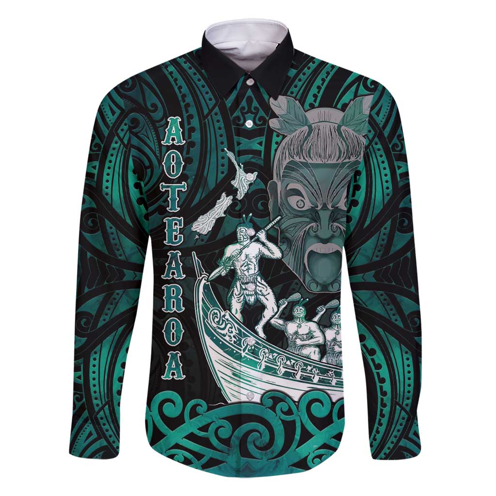 Personalised New Zealand Waka Racing Family Matching Off Shoulder Maxi Dress and Hawaiian Shirt Maori Warriors LT05 Dad's Shirt - Long Sleeve Green - Polynesian Pride
