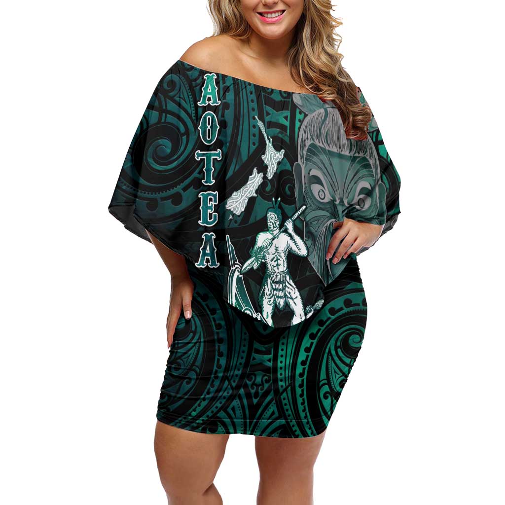 Personalised New Zealand Waka Racing Family Matching Off Shoulder Short Dress and Hawaiian Shirt Maori Warriors LT05 Mom's Dress Green - Polynesian Pride