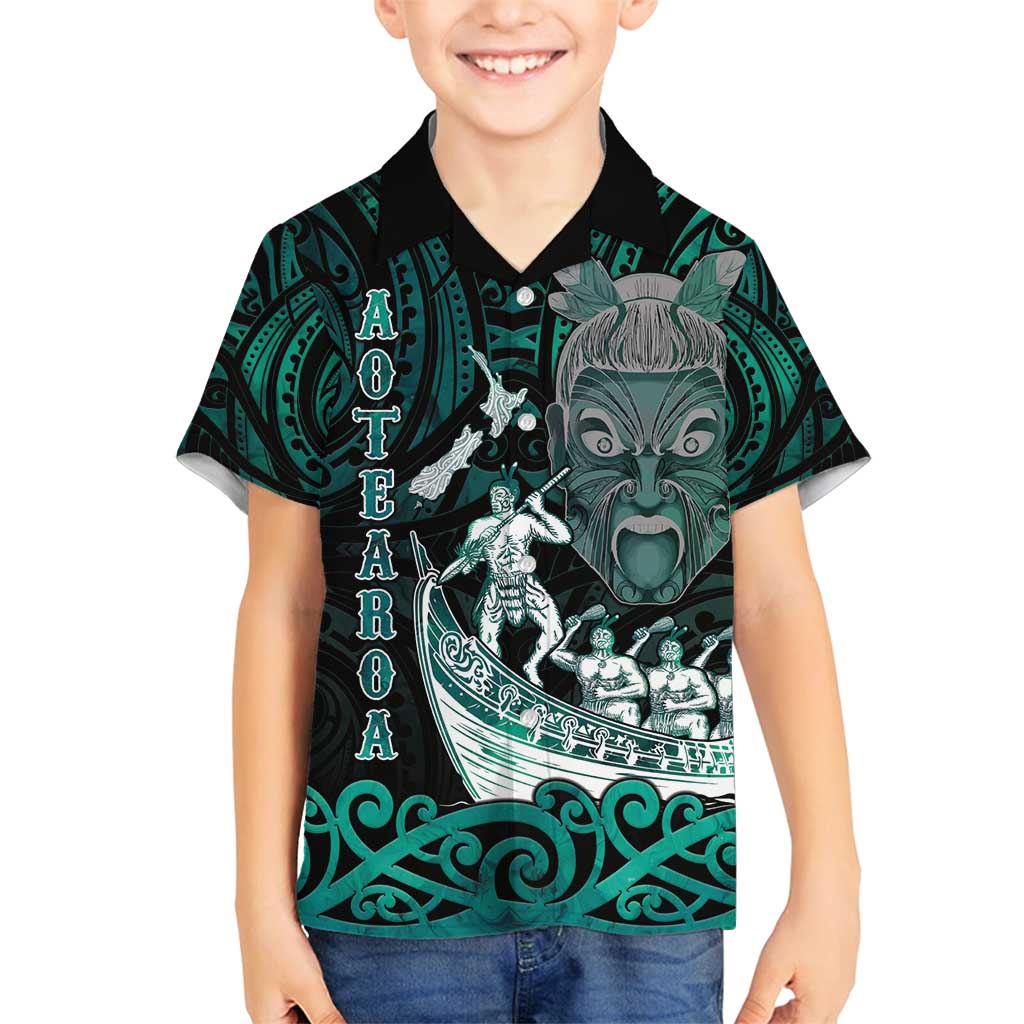 Personalised New Zealand Waka Racing Family Matching Off Shoulder Short Dress and Hawaiian Shirt Maori Warriors LT05 Son's Shirt Green - Polynesian Pride