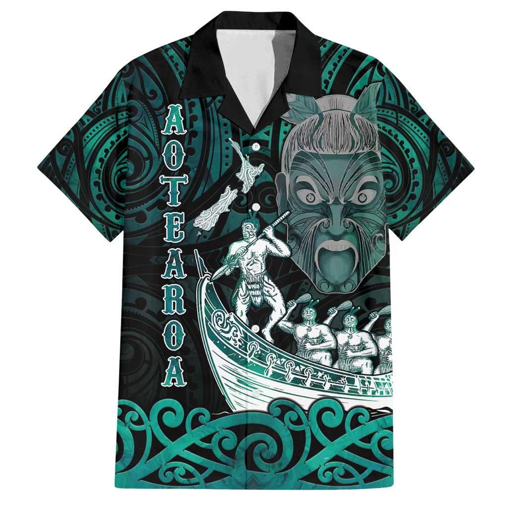 Personalised New Zealand Waka Racing Family Matching Puletasi and Hawaiian Shirt Maori Warriors LT05 Dad's Shirt - Short Sleeve Green - Polynesian Pride